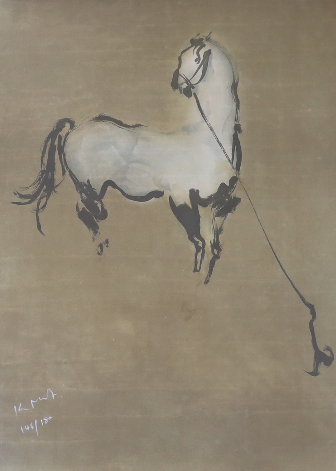 Kaiko Moti (Indian, 1921-1989), limited edition print, Tethered white horse, signed, 146/180, 73 x 52cm